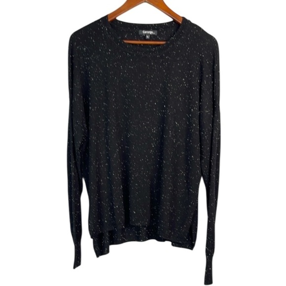 George Speckled Slub Knit Lightweight Long Sleeve Sweater Black White Hi Lo XXL - Picture 2 of 12
